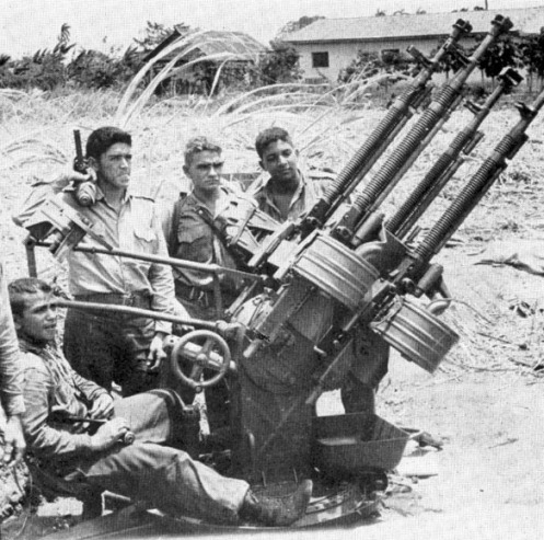 jovenes milicianos operando un cañon antiaéreo M53 playa giron.